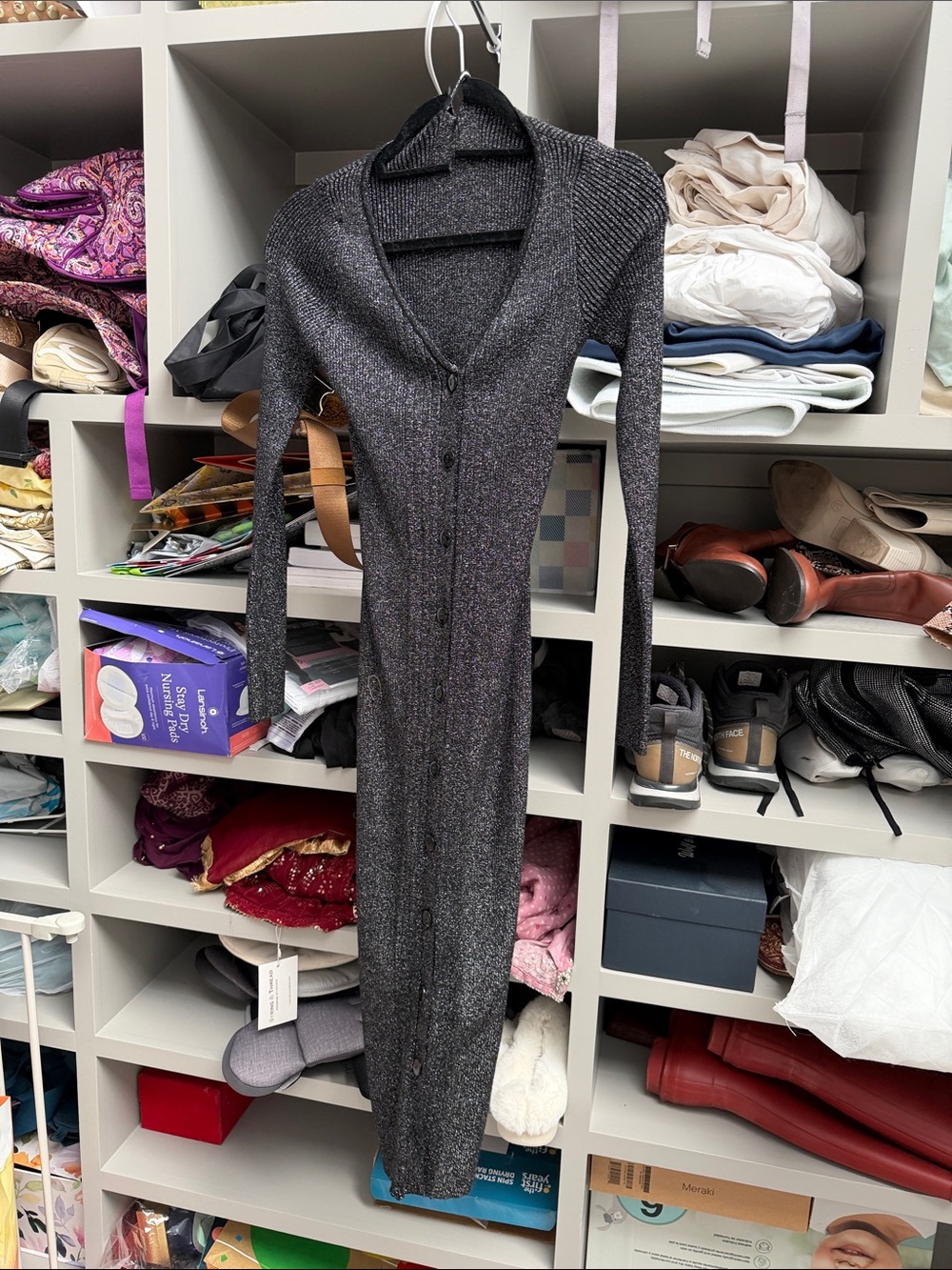 Fashion Nova Charcoal Ribbed Button-Down Maxi Dress